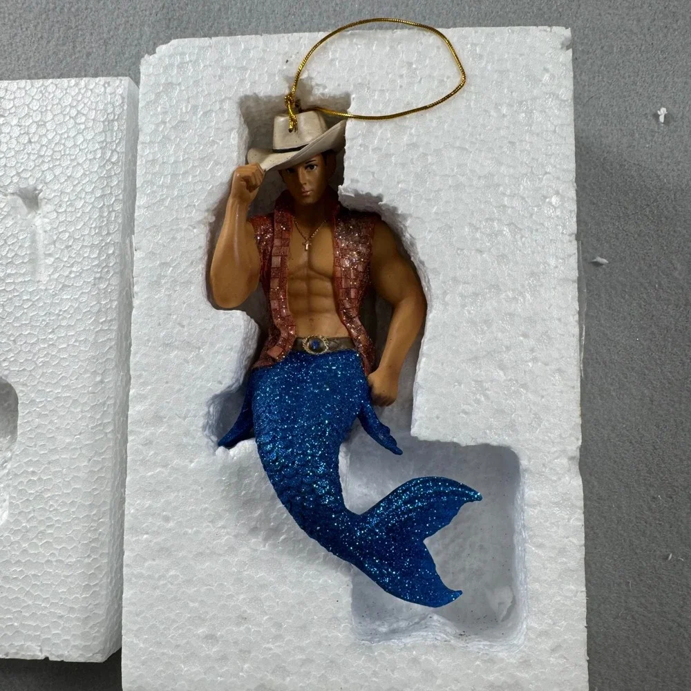 December Diamonds Dallas Merman Cowboy Christmas Ornament Blue Glitter 2014 Box